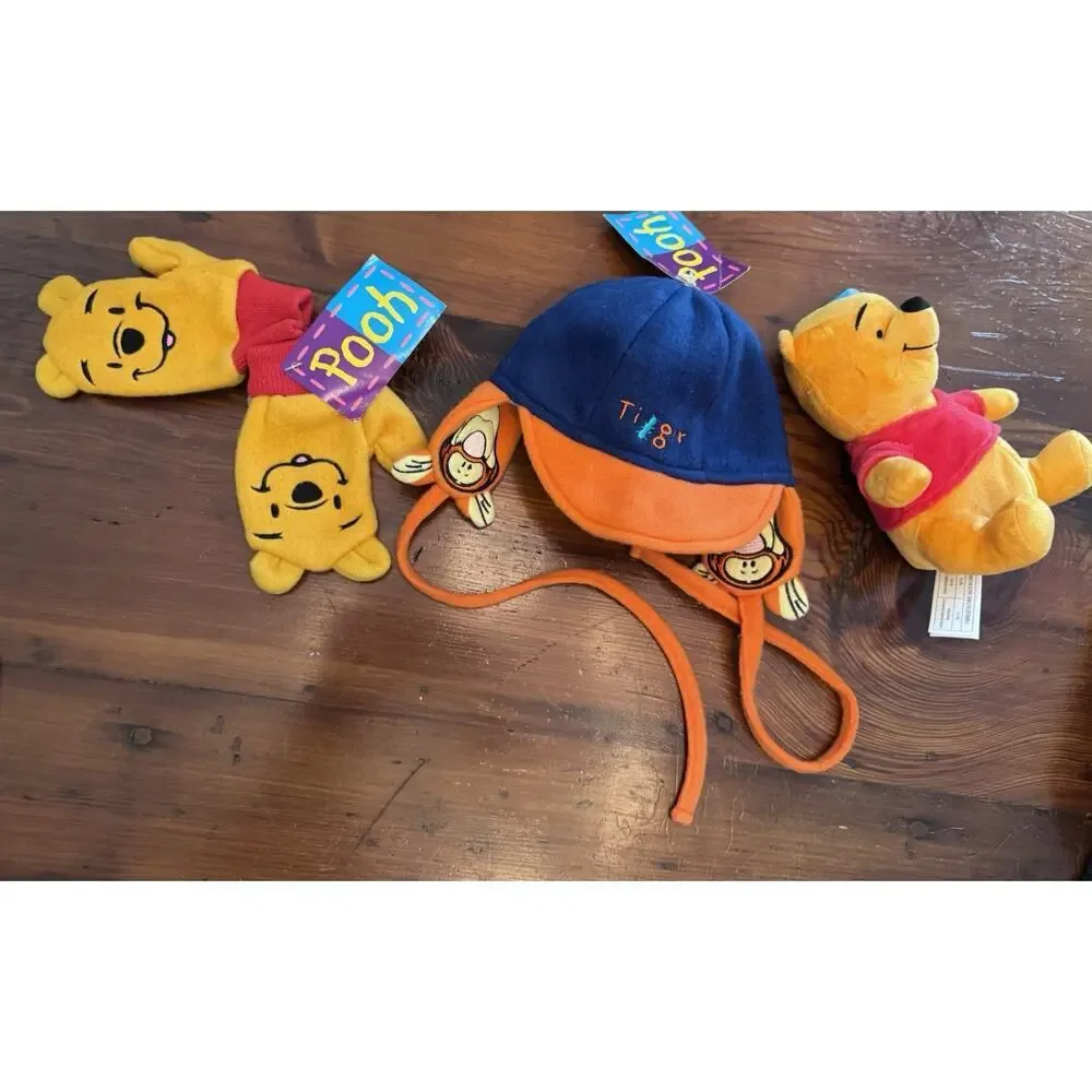 Vintage Pooh Baby Winter Hat & Gloves Pooh Bear Plush Infant NWT